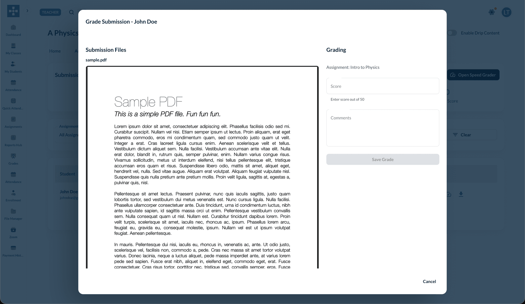Grade submission form