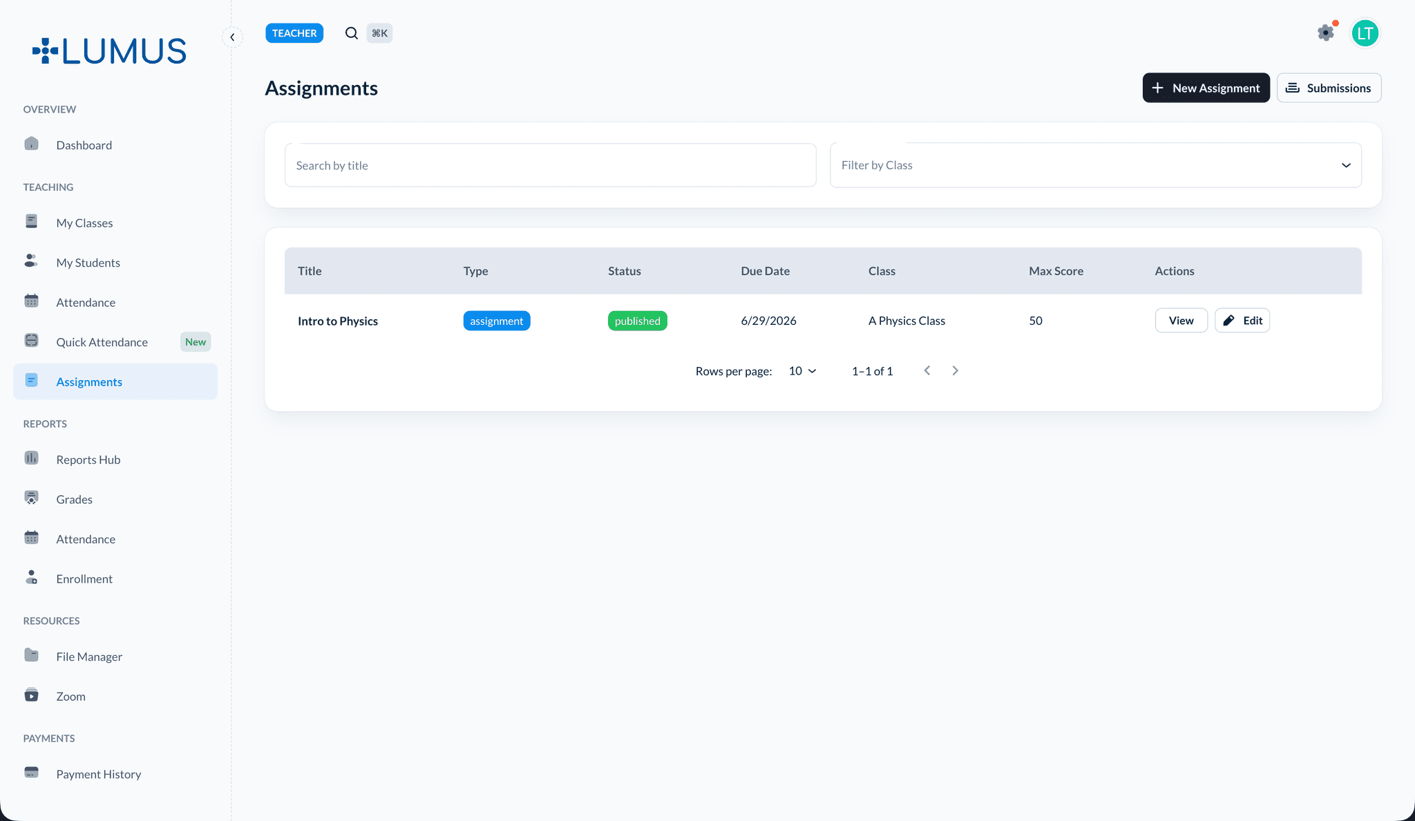 Assignments overview from sidebar