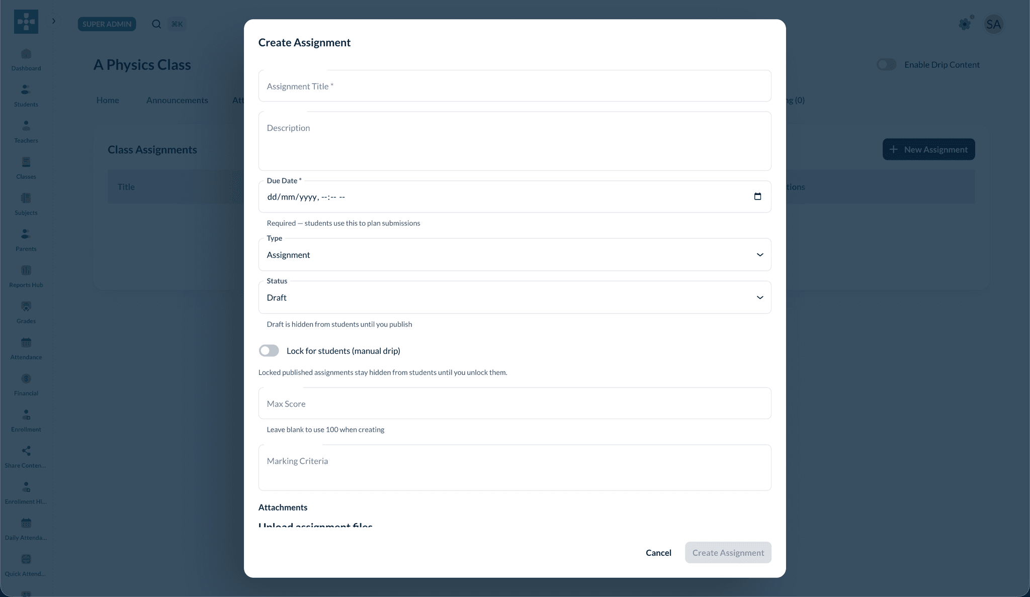 Create Assignment form