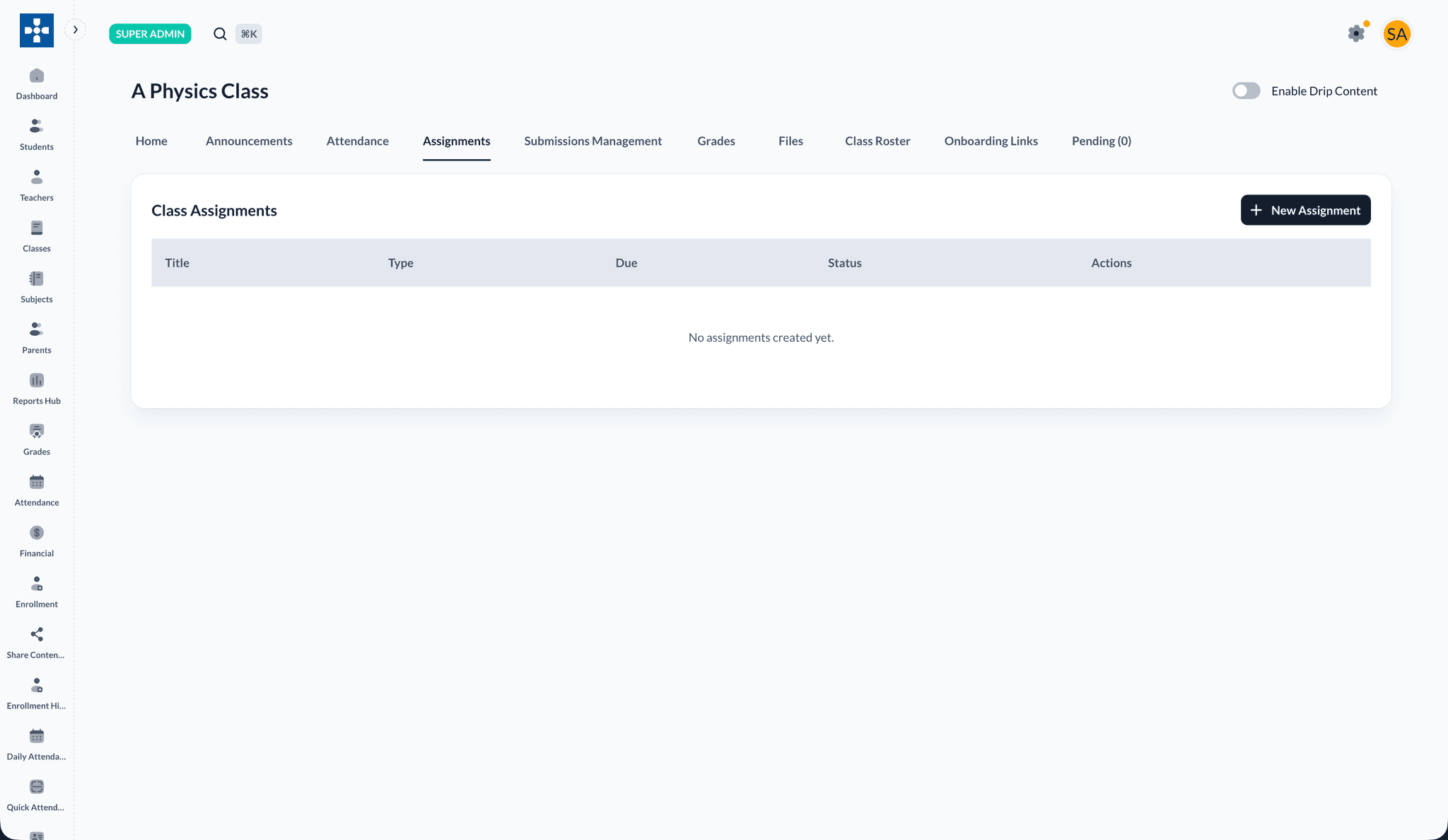 Assignments tab from class navigation