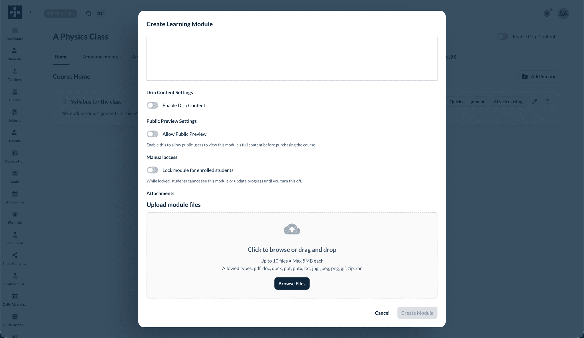 Module attachments and access toggles