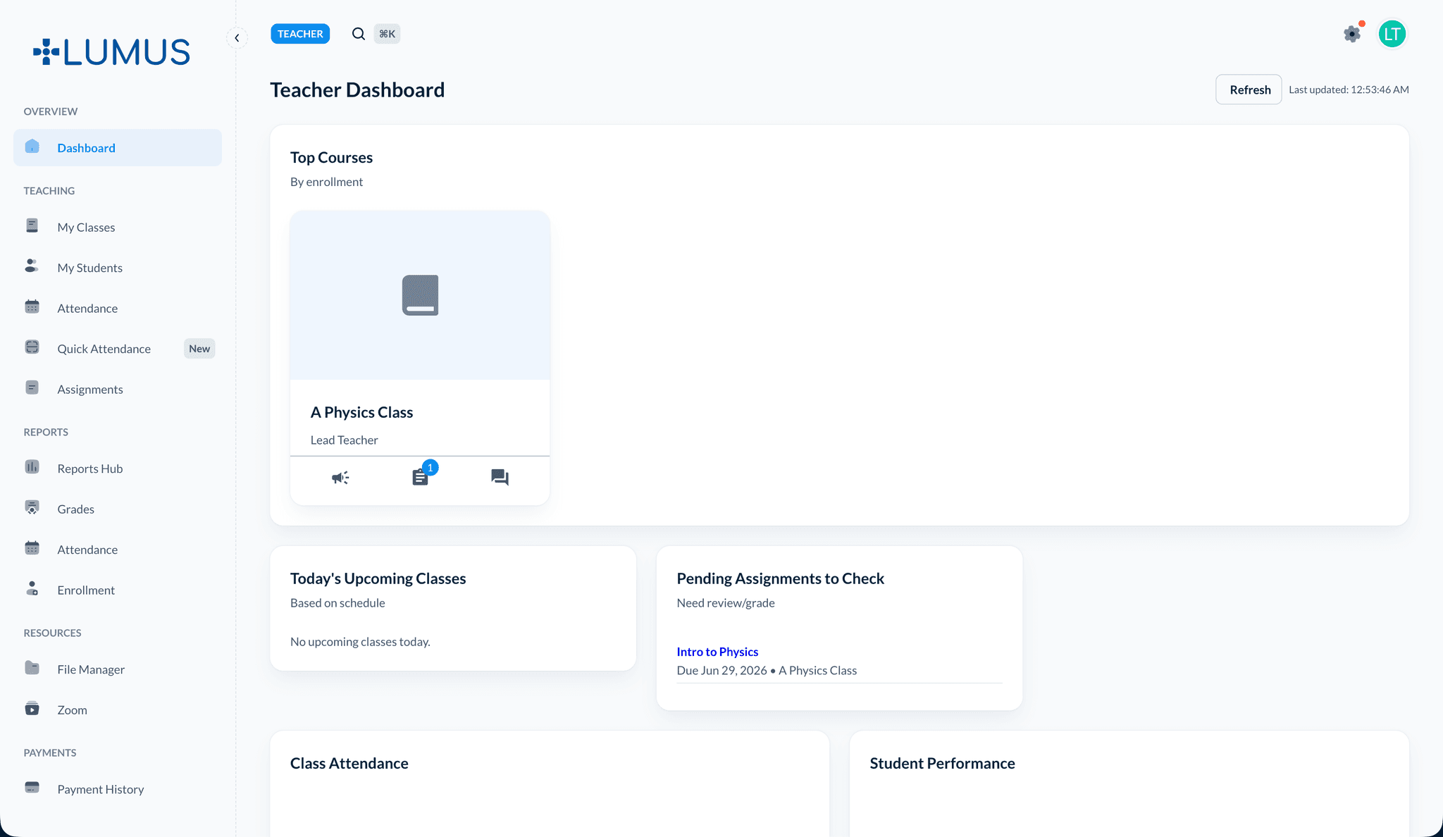 Teacher dashboard overview